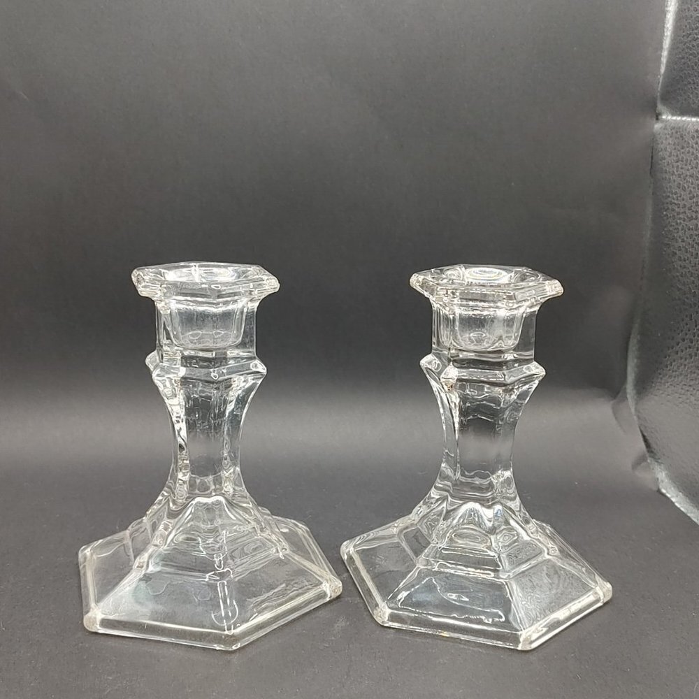Vintage Short Hexagonal Colonial Style Clear Glass Candle Holders